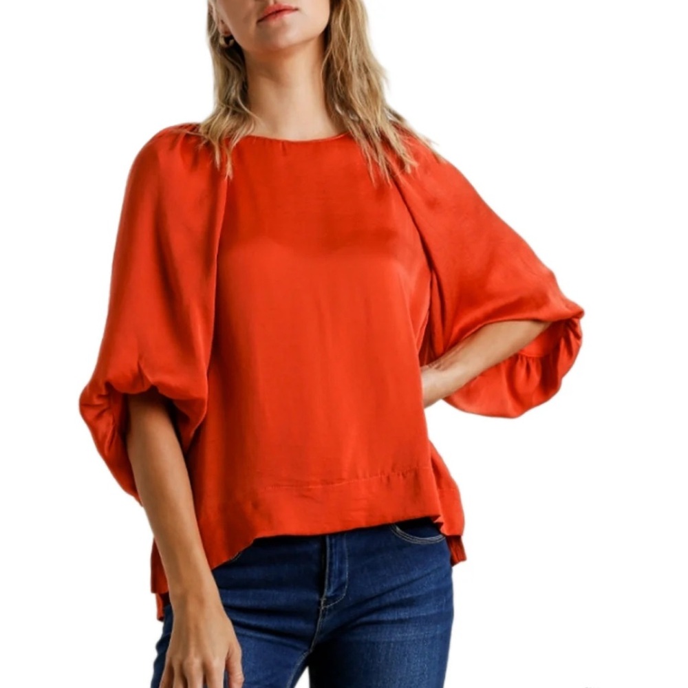 Umgee Vibrant Orange Washed Satin Ballon Sleeve Blouse Medium